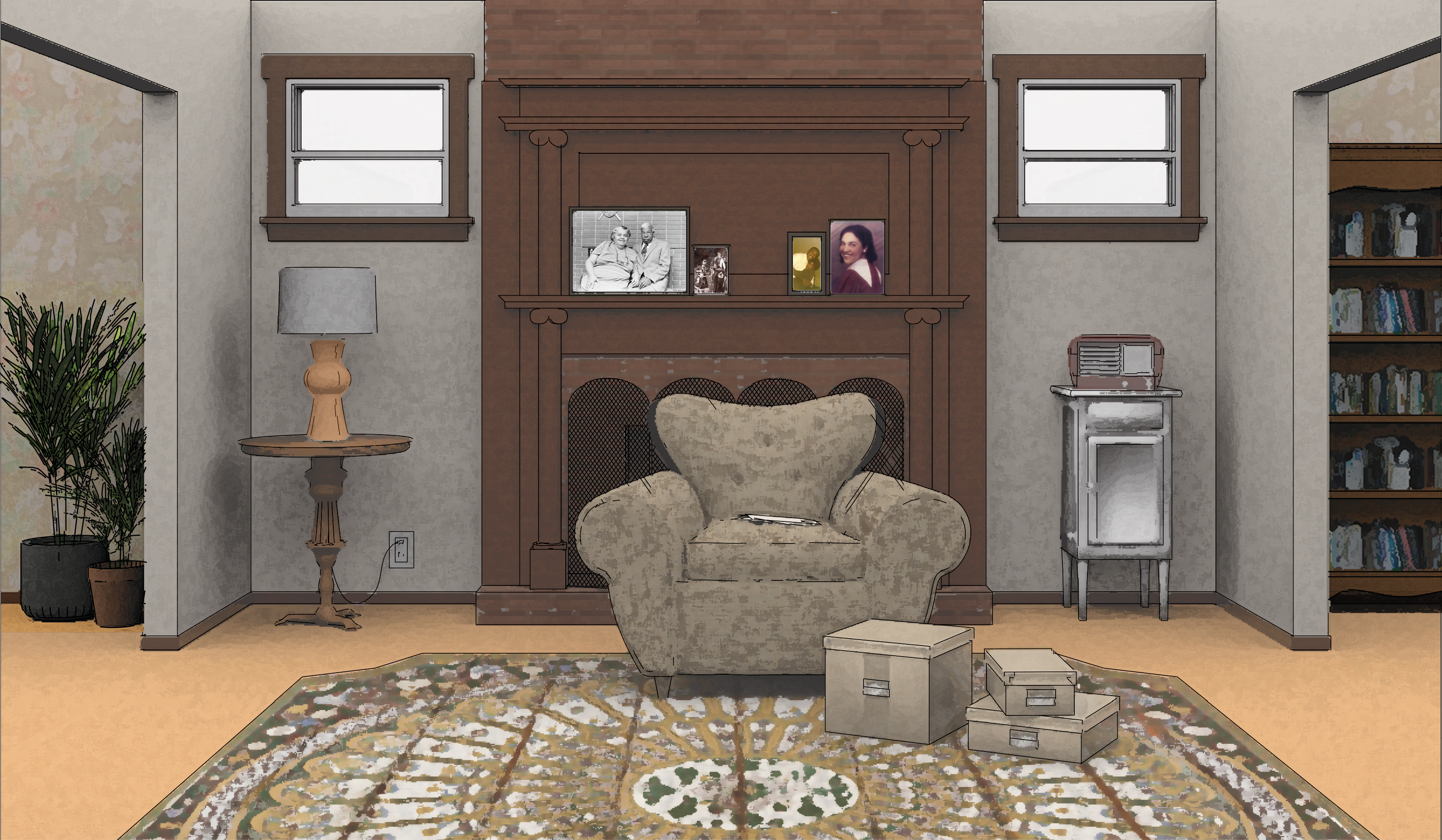 A decorative image of a living room, containing furniture, photos on the mantel, boxes of archives, and a radio