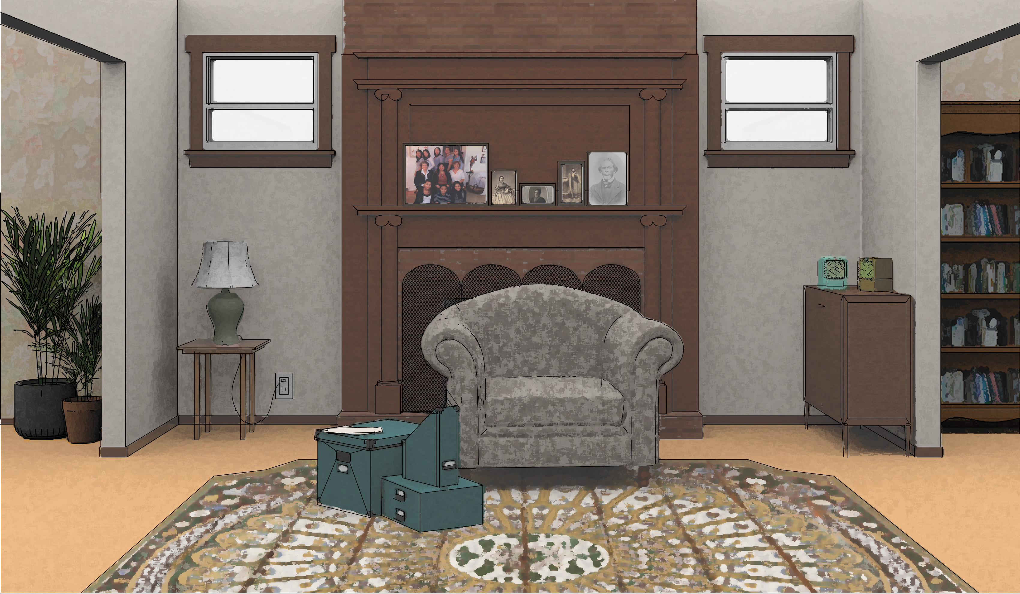 A decorative image of a living room, containing furniture, photos on the mantel, boxes of archives, and a radio